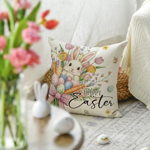 Happy Easter Bunny Flowers Throw Pillow Cover - 18x18 Inch