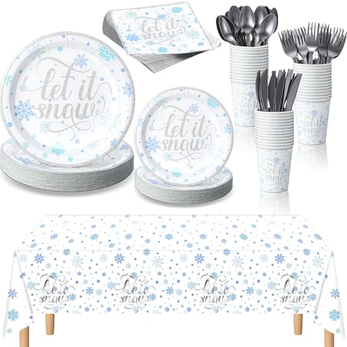 352 Pcs Snowflake Winter Party Tableware Set - Silver - Disposable Dinnerware for 50 Guests