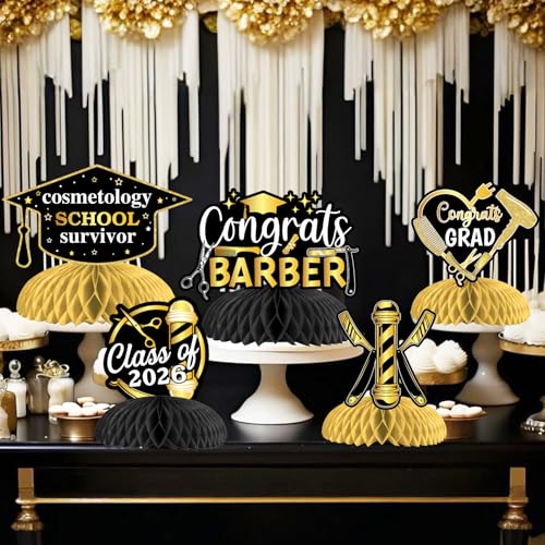 Barber Graduation Honeycomb Centerpieces - 8pcs Black Gold Decor