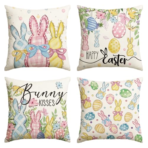 Happy Easter Rabbit Pillow Covers 18x18 Inch Set of 4 - Bunny Kisses & Eucalyptus