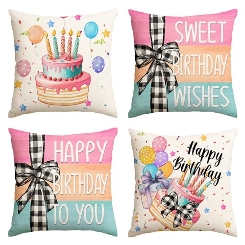 Happy Birthday Throw Pillow Covers Set of 4 - 18x18 Polyester
