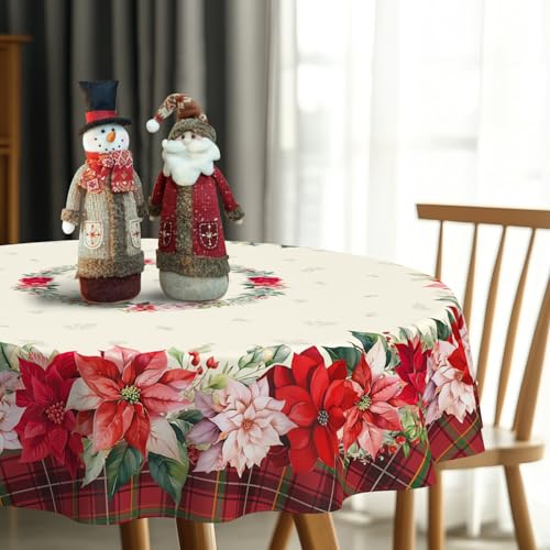 Waterproof Christmas Tablecloth - Red Holly & Tree Design, 60x60 Inch Round - Christmas Holiday Decor