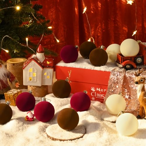 50 Pcs Velvet Christmas Ornaments Balls - Burgundy, Brown, Beige, 2.36 Inch - Holiday Decor