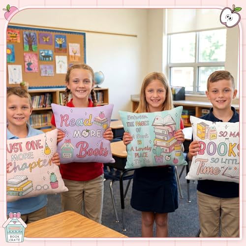 Tranqun Pastel Book Throw Pillow Covers Set of 4 Classroom Reading Decor, 18x18 Inches