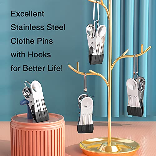 BERYLER Stainless Steel Clothes Pins with Hooks - 30 Pack, Rubber-Tip