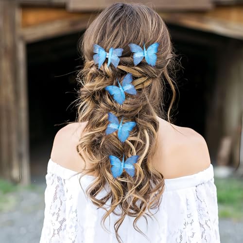 SmallCat 5pcs Gradient Blue Butterfly Hair Barrettes with Rhinestone Organza