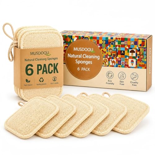 MUSDOOU Natural Loofah Dish Scrubber Sponges, 6 Pack Compostable Cleaning Pads