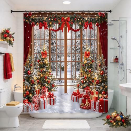 Christmas Snow Scene Shower Curtain 70x70 Inches - Winter Holiday Bathroom Decor (Pack of 1)