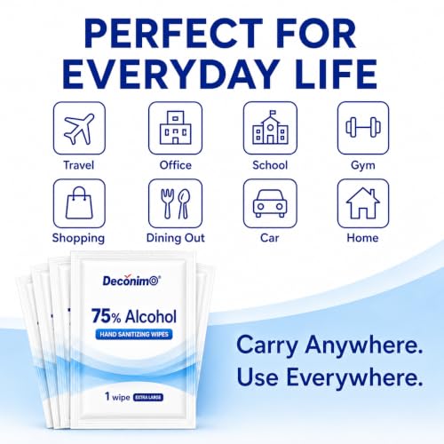 75% Ethyl Alcohol Extra Large Sanitizing Wipes - 100 Individually Wrapped 6x8 Inch Wipes for Travel, Office & Home