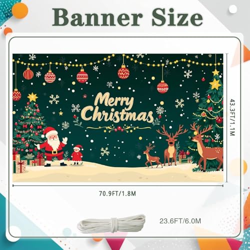 Merry Christmas Banner - Large 70.9x43.3in, Festive Xmas Decor with Santa & Reindeer