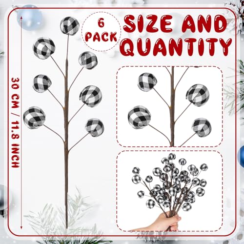 Christmas Buffalo Plaid Ball Picks - Black and White 12 Inch Set of 6