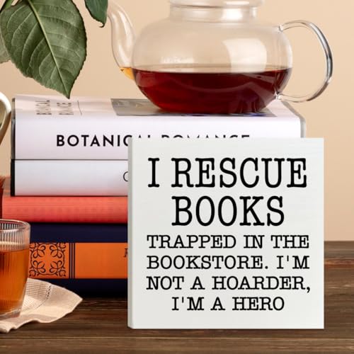 Book Lover Wooden Box Sign Decor - Rescue Books Library Accessories, Bookish Gifts for Librarians & Women, Book Lover 02