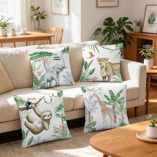 Jungle Animal Velvet Throw Pillow Covers, 18x18 Safari Decor Set of 4