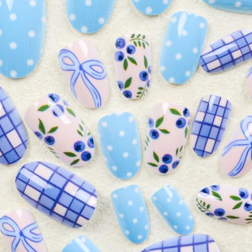 Blueberry Checkered Bow Short Oval Press on Nails - 24Pcs Glossy Fake Nails