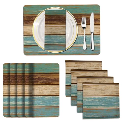 Farmhouse Teal Placemats and Cloth Napkins Set of 8 - Rustic Modern Kitchen Decor