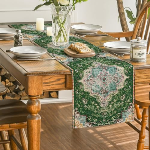 Green Boho Table Runner 13x72 Inch - Rustic Farmhouse Holiday Decor