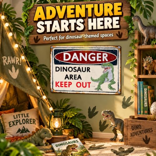 Dinosaur Danger Sign for Boys' Room - Vintage Metal Dinosaur Area Keep Out Sign, 8x12 Inches