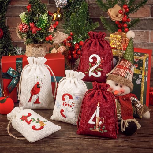Christmas Advent Calendar Bags - Red & White, 24 Count Holiday Countdown Decor