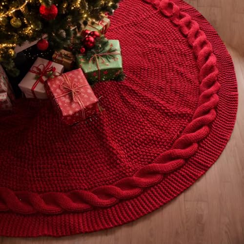 48 Inch Red Knitted Christmas Tree Skirt for 7 Ft Tree - Rustic Holiday Decor