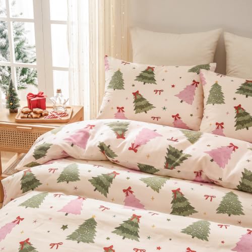 Pink Green Christmas Tree Queen Comforter Set with Pillowcases - Festive Bedding