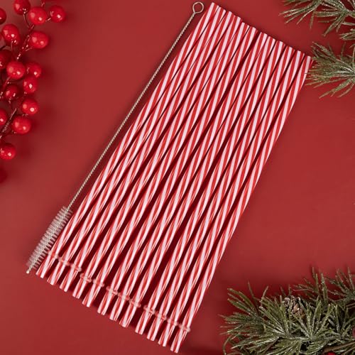 Red and White Striped Reusable Plastic Straws - 12 Pack with Cleaner Brush