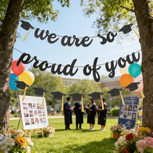2026 Graduation Banner - Black Glitter 'We Are So Proud of You' Decor
