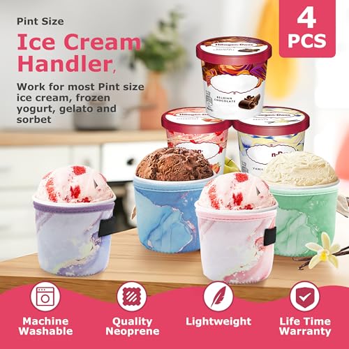Pint Size Ice Cream Sleeves - Cozy 4 Pack A Neoprene Covers with Spoon Holder