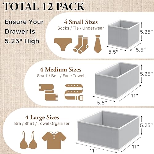 Foldable Drawer Organizer Set of 12 - 4L/4M/4S - Gray