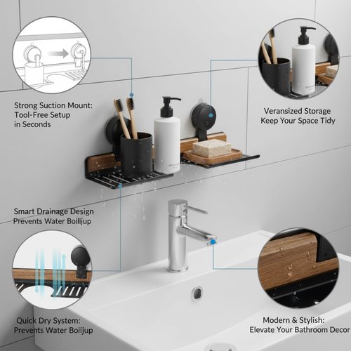 AZSRKRBM Over Sink Shelf with Walnut, 15.7" Tool-Free Organizer, Strong Suction Cup Rack with Easy Drainage for Kitchen & Bathroom