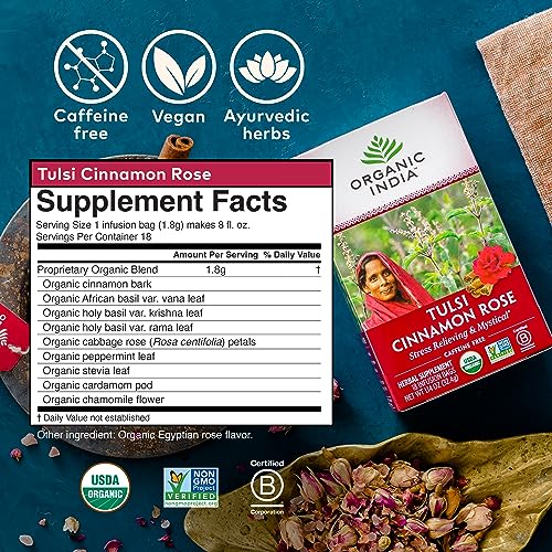 Organic India Tulsi Cinnamon Rose Tea Bags - 18 Count (Pack of 2)