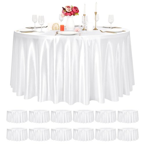 Pesonlook 12 Pack White Round Tablecloth, 90 Inch Satin Fabric Tablecloth for Round Table, Wrinkle Resistant Washable TableCover Bright Silk TableClothes for Wedding Party Dining Table Banquet