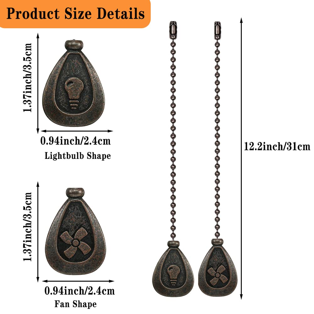 SUR-CIEL 4PCS Ceiling Fan Pull Chain, Fan Pull Chain Extension, Chain Pulls for Ceiling fans and Lights, Light Pull Chain Extension with 12 inch 3mm Diameter Beaded Ball Chain, Bronze