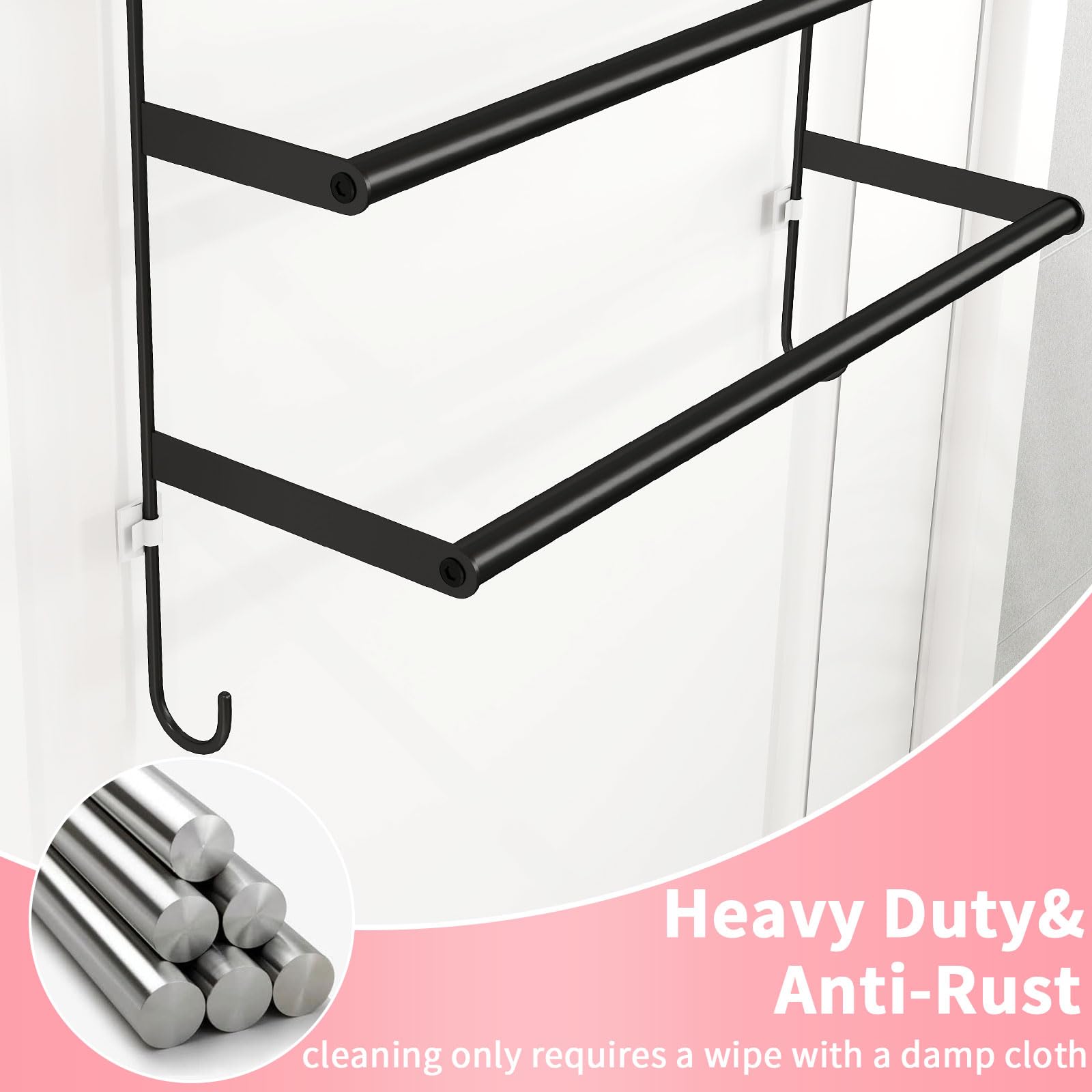 Over The Door Towel Rack,Towel Rack with Hooks for Door Hanging, Door Towel Bar, Over Door Towel Racks for Bathroom (Black)