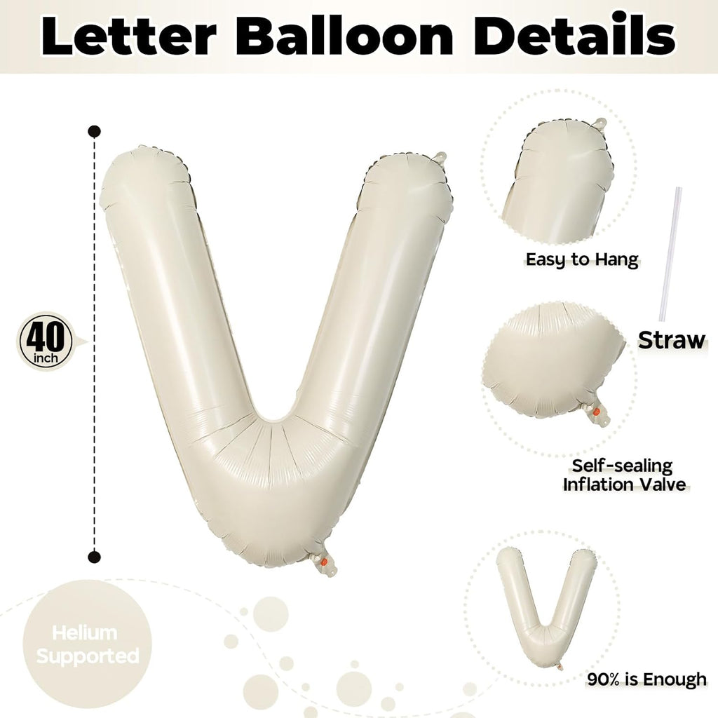 Skiennix V Letter Balloons - 40 Inch Cream Foil Alphabet Balloons for Birthday Party Decor