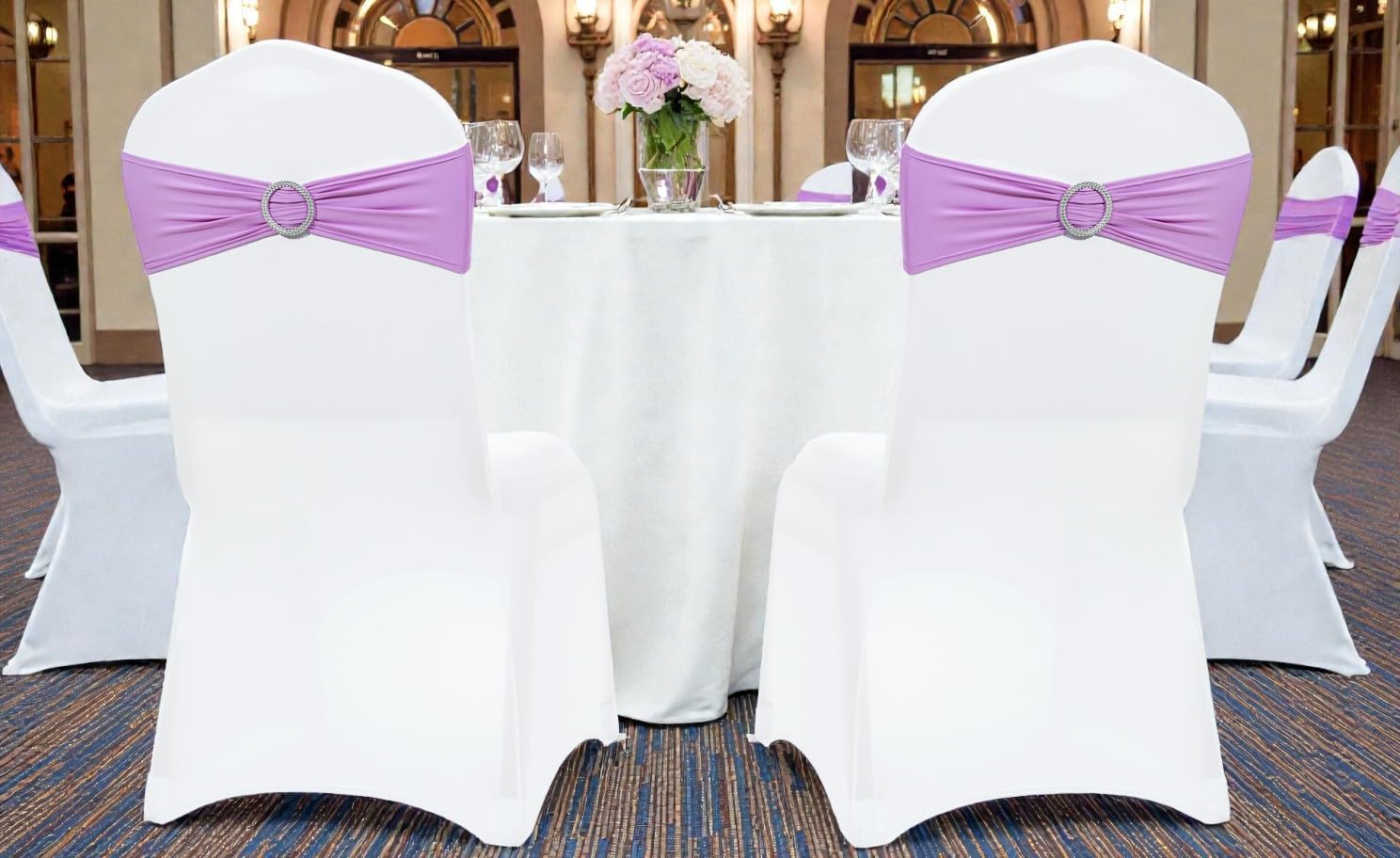 MDS Premium Stretch Chair Sashes - Pack of 100 Elastic Covers with Buckle Slider | Light Purple