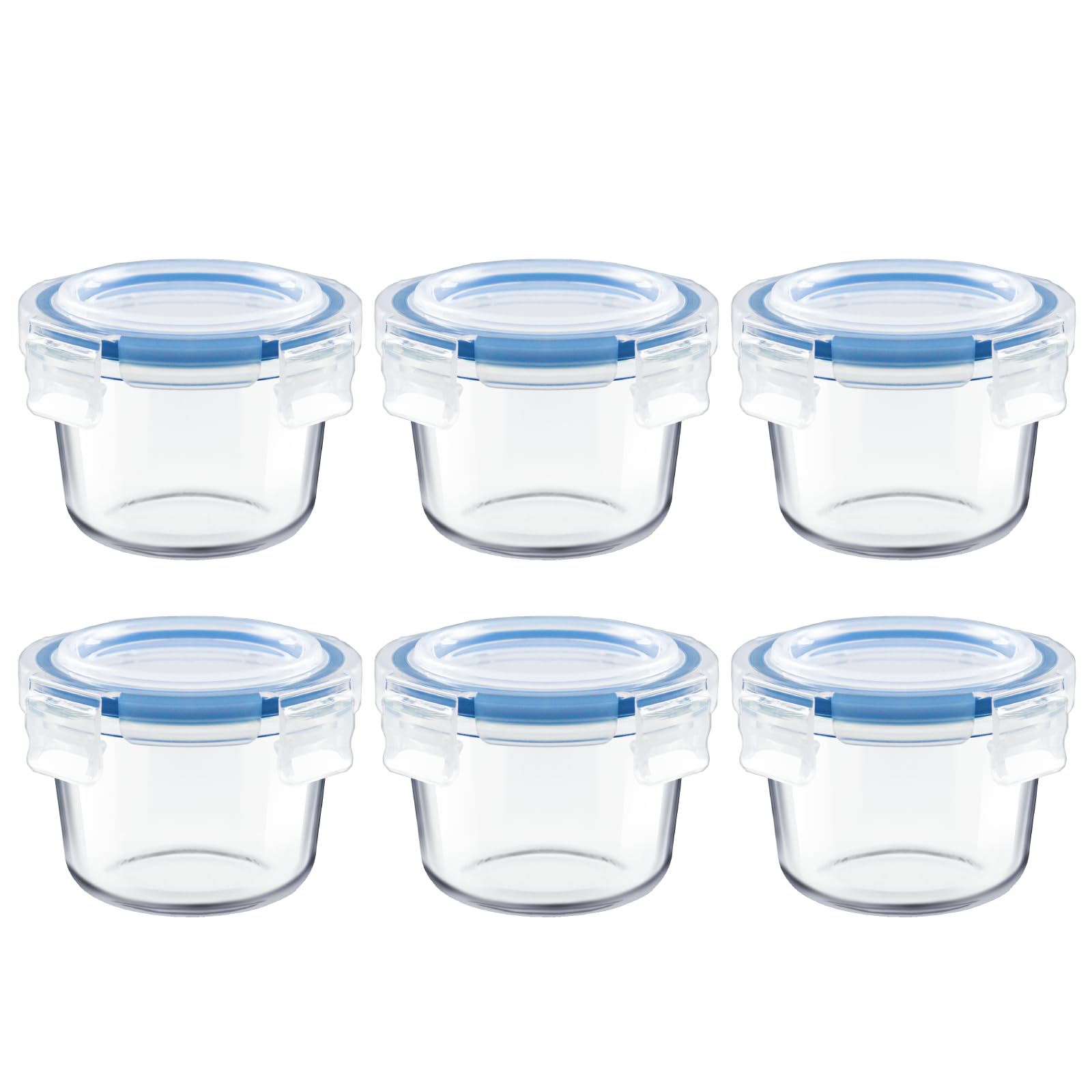 Iyulania Set of 6 Small Glass Storage Containers, 7 oz Food Containers with No-Spill Lids, Thick Glass Jars for Meal Prep, Baby’s Snacks, Leftovers and Sauces, Dishwasher & Microwave Safe