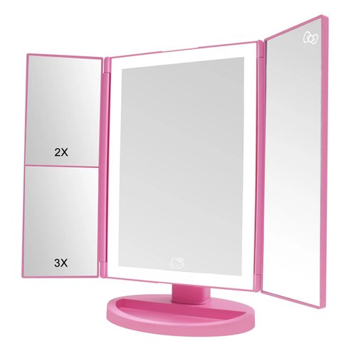 Impressions Vanity Hello Kitty Pink A Dot Trifold LED Makeup Mirror with Artwork, Vanity Mirror with Strip LED Tri Tone Light, Dual Magnification Touch Sensor, and Adjustable Tilt, Catchall Storage