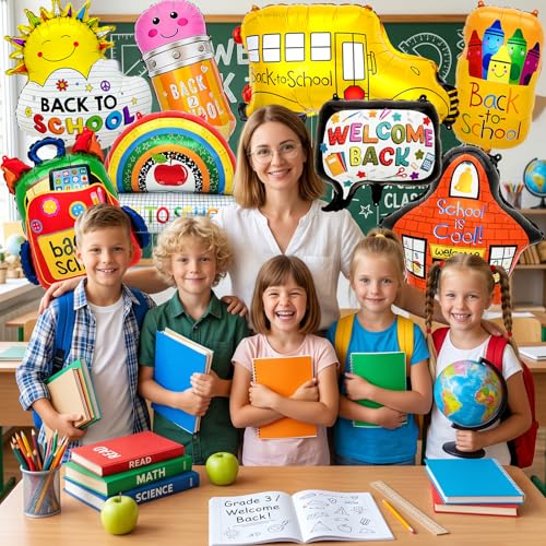 Back to School Balloons Set - 8 Foil Balloons for Classroom Decor