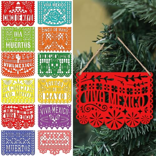 Mexican Wooden Christmas Ornaments Set - Papel Picado Style, 12 Pieces