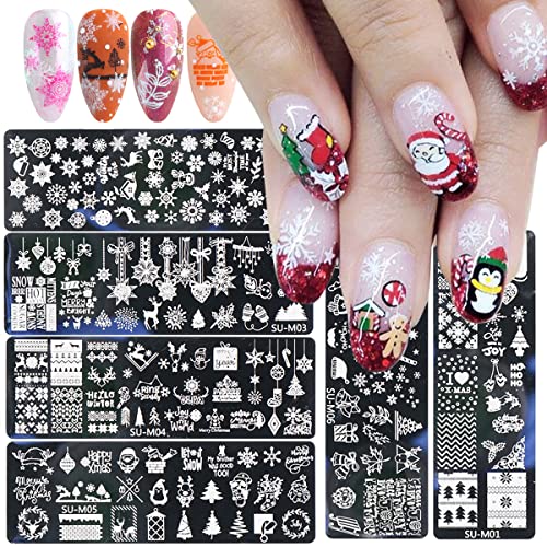 6-Piece Christmas Nail Stamping Plate Kit with Snowflakes & Elk