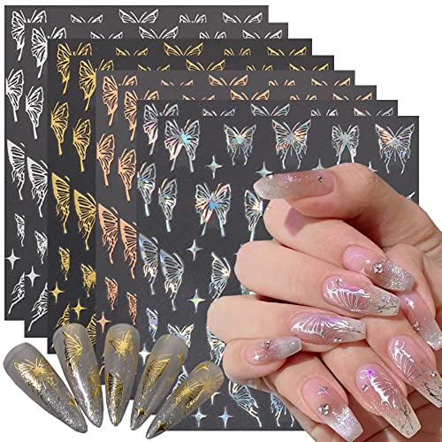 3D Butterfly Nail Art Stickers - 8 Sheets Gold & Holographic Decals