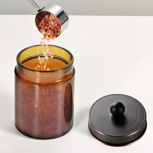 Amber Glass Qtip Holder - Apothecary Jar Set with ORB Metal Lid | Bathroom Organizer for Cotton Swabs (3 Pack)