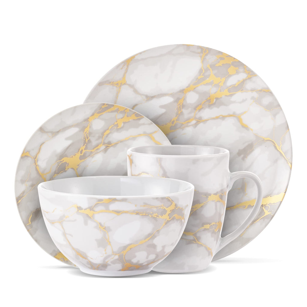 Safdie & Co 16-Piece Modern Premium Porcelain Ceramic Dinner Set, Lightweight Designed, Stackable, in Gold Marble/Gray Finish