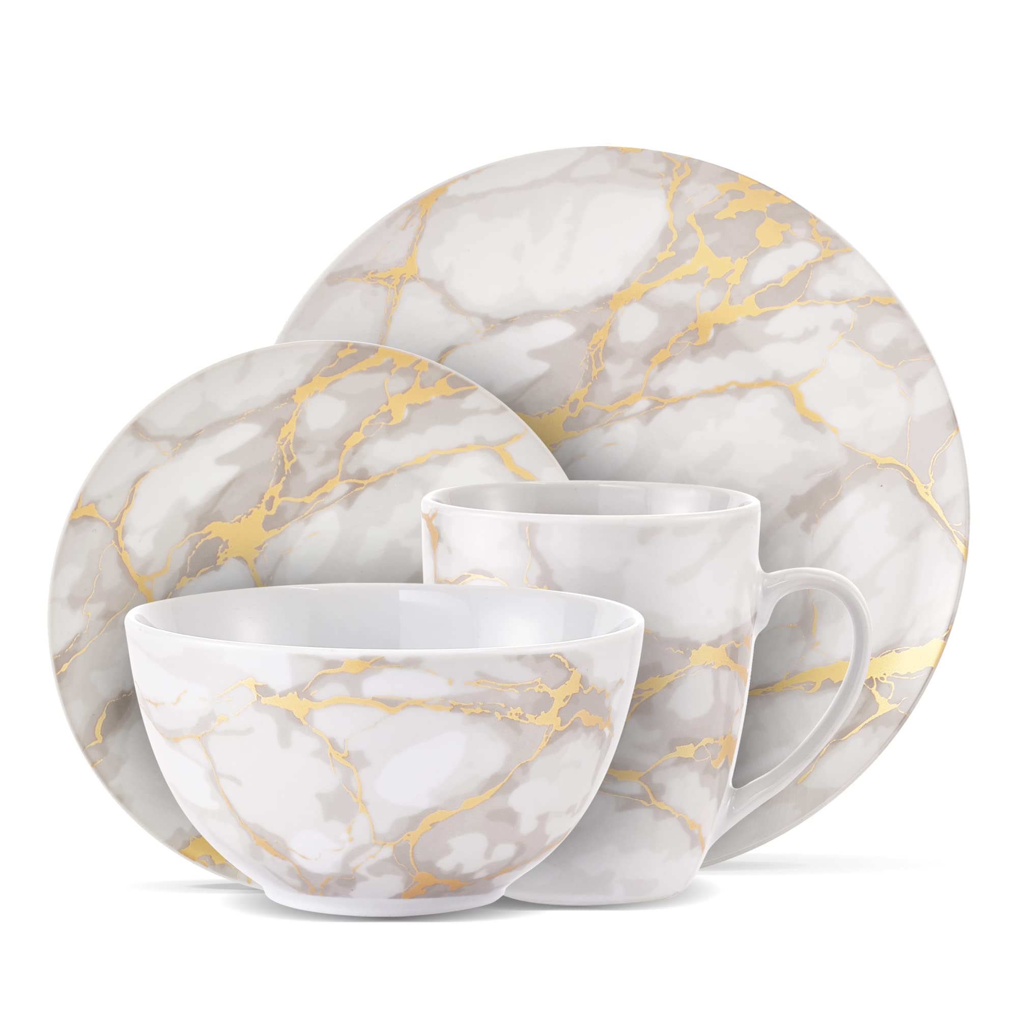 Safdie & Co 16-Piece Modern Premium Porcelain Ceramic Dinner Set, Lightweight Designed, Stackable, in Gold Marble/Gray Finish