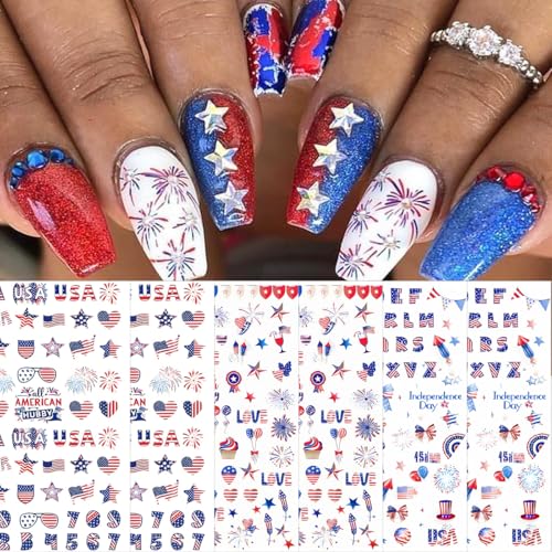 4th of July Nail Stickers 6 Sheets - American Flag & Star Decals