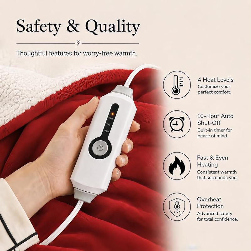 Electric Heated Blanket Twin 62x84 in – Red, 4 Heat Settings, Ultra-Fast Warmth (Variation: 19-Brigh t Red+Twin(62"x84"))