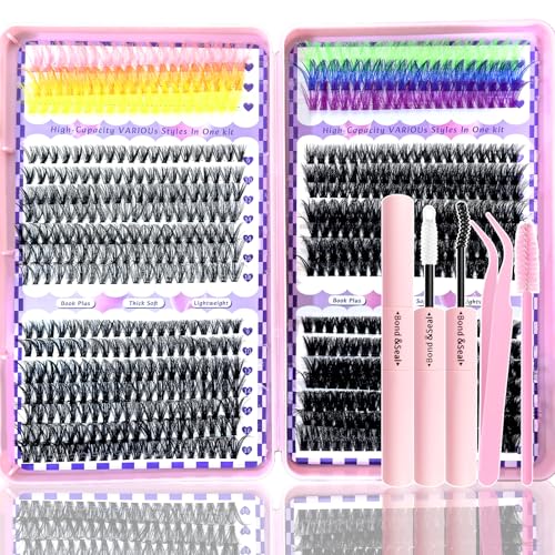 Holipet 680 Pcs Lash Clusters Kit with Glue, Tweezer & Brush - 9-18mm Wispy Manga Eyelash Extensions