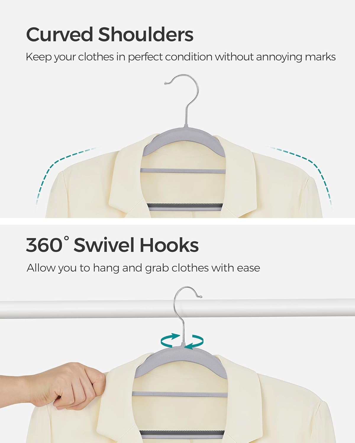 SONGMICS Space-Saving Plastic Coat Hangers - Non-Slip Design, 360° Swivel Hook | Light Gray & Dark Gray, 50-Pack