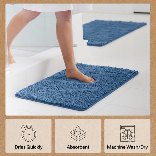 GORILLA GRIP Bath Rug Mat - Soft Absorbent Chenille | Quick-Dry Microfiber, 30x20, Blue