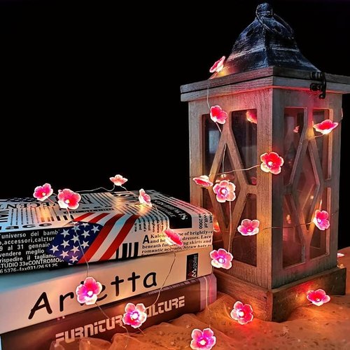 Cherry Blossom Flower String Lights, 10FT 30 LED Battery Powered Pink Fairy Lights USB Plug in Flowers Lights for Bedroom, Valentine’s Day, Room Wall Decor Decorations